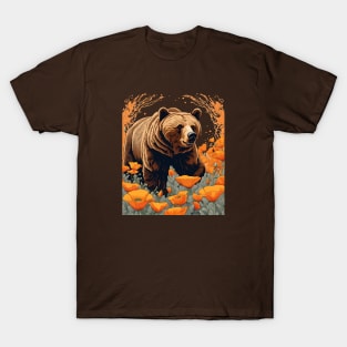 Bear Plodding Through Orange Californian Poppies T-Shirt